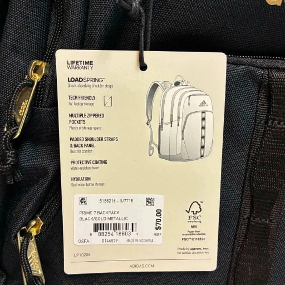 Adidas Prime 7 Backpack Black Gold LoadSpring Laptop School Travel Bag IU7718